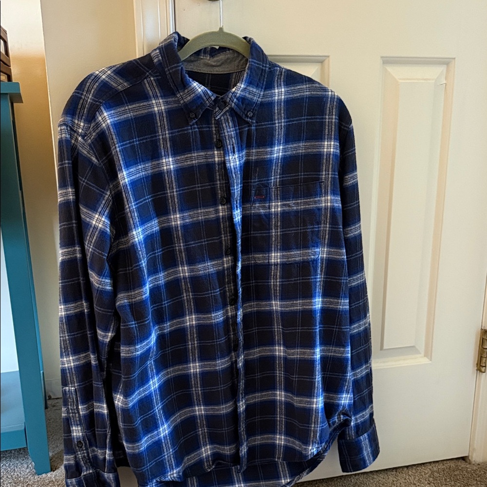 Eddie Bauer Navy and White Plaid Button Down Shirt